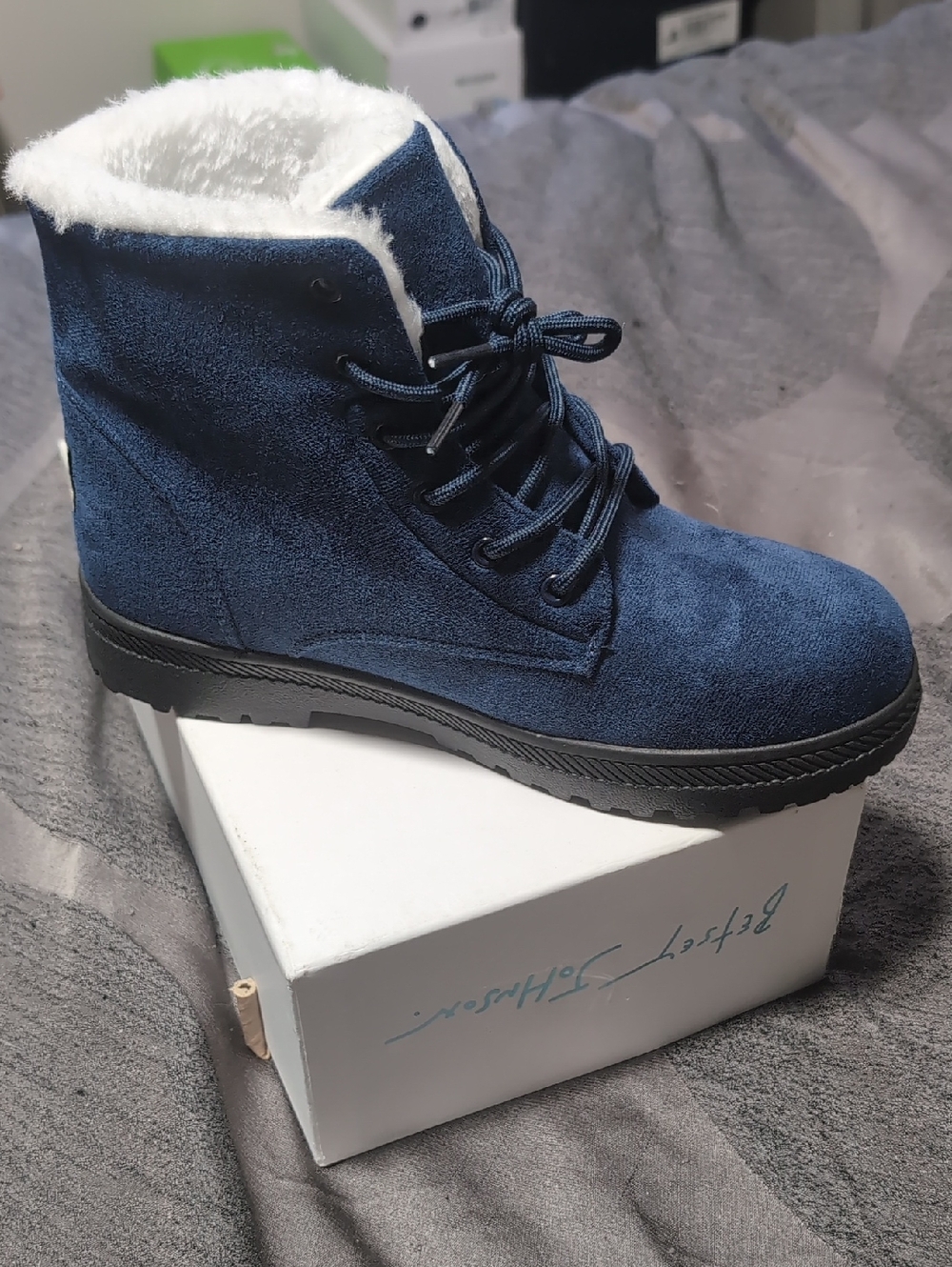 Women's Navy Faux-Suede Lace-Up Winter Boot with Faux Fur Lining